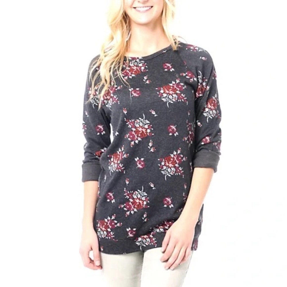 Obey Propaganda Heather Gray Floral Print French Terry Long Sleeve Sweater